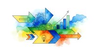 Business growth concept with colorful arrows, gears, lightbulb and bar chart on watercolor background for presentations and marketing materials.
