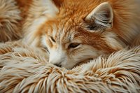 Sleepy ginger cat resting on soft beige fur blanket, close-up portrait showing detailed whiskers and facial features in warm natural lighting.