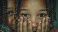 Young African American girl with braided hair resting chin on hands, looking directly at camera with expressive eyes, childhood innocence and contemplation concept.