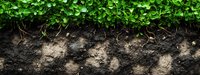 Cross section of fertile soil and green grass roots showing natural layers of earth and underground ecosystem, suitable for gardening and agriculture concepts.