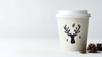 White paper coffee cup with deer head silhouette design and pine cones on light background, minimalist winter holiday composition for cafe branding and packaging.