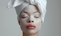 Young Asian woman with closed eyes wearing white head towel and natural makeup with white dots on face during skincare routine against neutral background.
