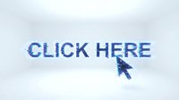 Click here text with glowing blue digital glitch effect and cursor arrow on white background, for web banners, ads, and UI design.