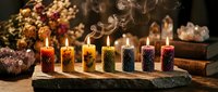 Colorful ritual candles burning with smoke on wooden altar surrounded by crystals and dried flowers for spiritual meditation and healing ceremonies.