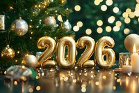 Gold foil number balloons showing 2026 against decorated Christmas tree with ornaments and bokeh lights, festive holiday atmosphere with burning candles and reflective surface.