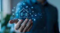 Smart home automation concept with glowing blue holographic icons floating above male hand showing connected devices and wireless technology control system.