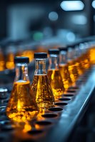 Amber glass bottles with golden liquid on production line in modern pharmaceutical or beverage manufacturing facility with warm industrial lighting.