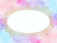 Watercolor pastel background with golden floral oval frame and white copy space for text, wedding invitations, greeting cards and romantic designs.