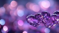 Two crystal purple hearts with romantic bokeh lights background for Valentine's Day love celebration and wedding decoration concepts.