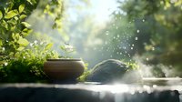 Mystical garden scene with sunlit water drops and clay pot in morning mist, green foliage and ethereal sunbeams creating magical atmosphere for wellness and spa designs.