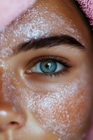 Close-up of bright blue eye with glitter and sparkles around orbital area, showing detailed eyelashes, eyebrow, and shimmering makeup effect for beauty and cosmetic concepts.