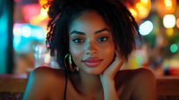 Young African American woman with natural curly hair smiling at night, illuminated by colorful bokeh lights in urban setting, head resting on hand, radiating confidence.