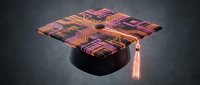 Digital graduation cap with circuit board pattern and glowing orange circuits symbolizing technology education and computer science degree achievement.