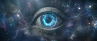 Cosmic eye with bright blue iris surrounded by mystical space nebula with stars and lightning energy for spiritual and fantasy concepts.