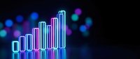 Glowing neon bar chart with ascending data visualization in blue and purple colors on dark background for business analytics and financial reports.