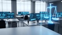Modern office with holographic justice scales symbol floating above desk, representing legal technology and digital law services in corporate environment.