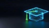 Futuristic graduation cap made of glowing blue wireframe with green tassel on dark background representing digital education and academic achievement.