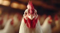 Close up portrait of white chicken with bright red comb and wattles looking directly at camera against blurred farm background, dramatic lighting highlights facial features.