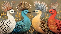 Colorful stylized birds with elaborate feathered crests and patterned plumage stand in profile against a warm golden botanical background. Isolated design element suitable for textiles and decor.