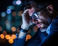 Stressed businessman with glasses experiencing headache at night office, blurred city lights bokeh background, emotional burnout concept.