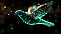 Glowing turquoise dove silhouette made of sparkling particles with small butterfly shapes floating against dark background creates magical atmosphere.