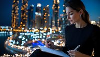 Young woman working on documents at night with illuminated city skyline and marina in background, creating atmospheric urban business scene.