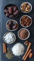 Fresh dates, walnuts, cocoa powder, coconut flakes, cinnamon sticks and spices arranged in ceramic bowls on dark slate background for healthy dessert preparation.