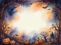 Halloween spooky frame with pumpkins, bats, bare trees and fence creating atmospheric border for seasonal designs and decorations.