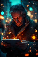 Senior Caucasian man in winter coat illuminated by magical glowing tablet light with orange and turquoise bokeh effects creating mystical atmosphere in dark setting.