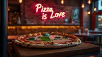 Fresh Neapolitan margherita pizza on wooden board with neon sign saying Pizza is Love in background, restaurant interior with warm ambient lighting.