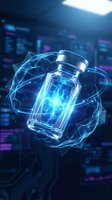 Futuristic glass vial with glowing blue energy surrounded by digital network connections in high-tech laboratory environment for pharmaceutical research concepts.