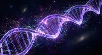 DNA double helix structure glowing in purple and blue against cosmic starry background for genetics research and biotechnology concepts.