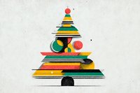Abstract geometric Christmas tree with colorful stripes and circular ornaments in green, yellow, red, and black on textured background.