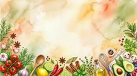 Overhead view of fresh vegetables, herbs, and cooking utensils arranged on watercolor background with copy space for culinary, recipe, and food blog design projects.