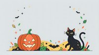 Smiling jack-o-lantern pumpkin with black cat, flying bats, and autumn leaves on light background. Isolated clipart for Halloween designs, greeting cards, and seasonal decorations.