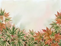 Watercolor autumn leaves border with green and orange foliage on soft neutral background, ideal for seasonal designs, invitations, and decorative layouts.