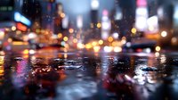 Wet city street at night with blurred bokeh lights reflecting in puddles, creating atmospheric urban scenery with shallow depth of field and glowing illumination.