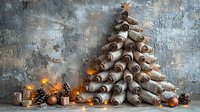 Festive Christmas tree made from rolled paper scrolls with warm lights and ornaments on rustic wooden background for holiday decorating projects.