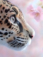Close-up profile of leopard face with bright blue eye against soft pink cherry blossom background, showing detailed spots and whiskers in gentle natural lighting.