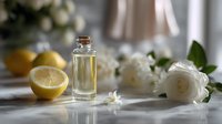Glass bottle of essential oil with fresh lemon and white peonies on marble surface, creating serene spa atmosphere for aromatherapy and skincare.