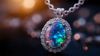 Luxury opal pendant necklace with diamond halo setting against dark background with bokeh lights, showcasing iridescent blue and purple fire play in precious stone.