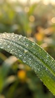 Fresh green grass blade covered with morning dew drops in soft natural light with blurred bokeh background for nature and wellness concepts.