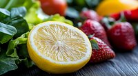 Fresh cut lemon half with ripe strawberries and green leaves on dark wooden background, macro view of citrus and berries for healthy eating concept.