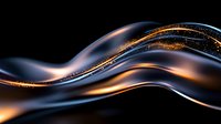 Elegant flowing waves with glowing golden particles and smooth gradients on black background create dynamic abstract composition for luxury designs.