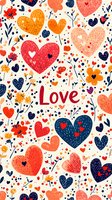 Romantic seamless pattern with hearts in coral, navy blue and orange colors, floral elements and love lettering on light background. For fabric, wrapping paper.