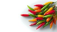 Fresh colorful chili peppers in red, yellow, orange and green on white background, isolated food ingredient for spicy cuisine and cooking designs.
