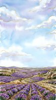 Lavender field landscape with rolling hills, purple flowering crops in rows, and soft clouds in blue sky. Watercolor painting style artwork suitable for wall art, home decor, and nature illustrations.