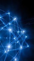 Abstract blue network connections with glowing nodes and intersecting lines on dark background for technology and digital communication concepts.