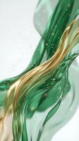 Flowing green and gold liquid waves with sparkling particles create elegant abstract motion on light background for luxury design projects.