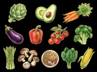 Assorted fresh vegetables isolated on transparent background, including artichoke, avocado, carrots, eggplant, bell pepper, tomatoes, broccoli, asparagus, mushrooms, lentils, spinach and corn. Ready for clipart, t-shirt design, stickers and print-on-demand projects.